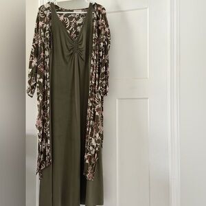 LOFT Olive Green Floral Duster Maxi Dress Set